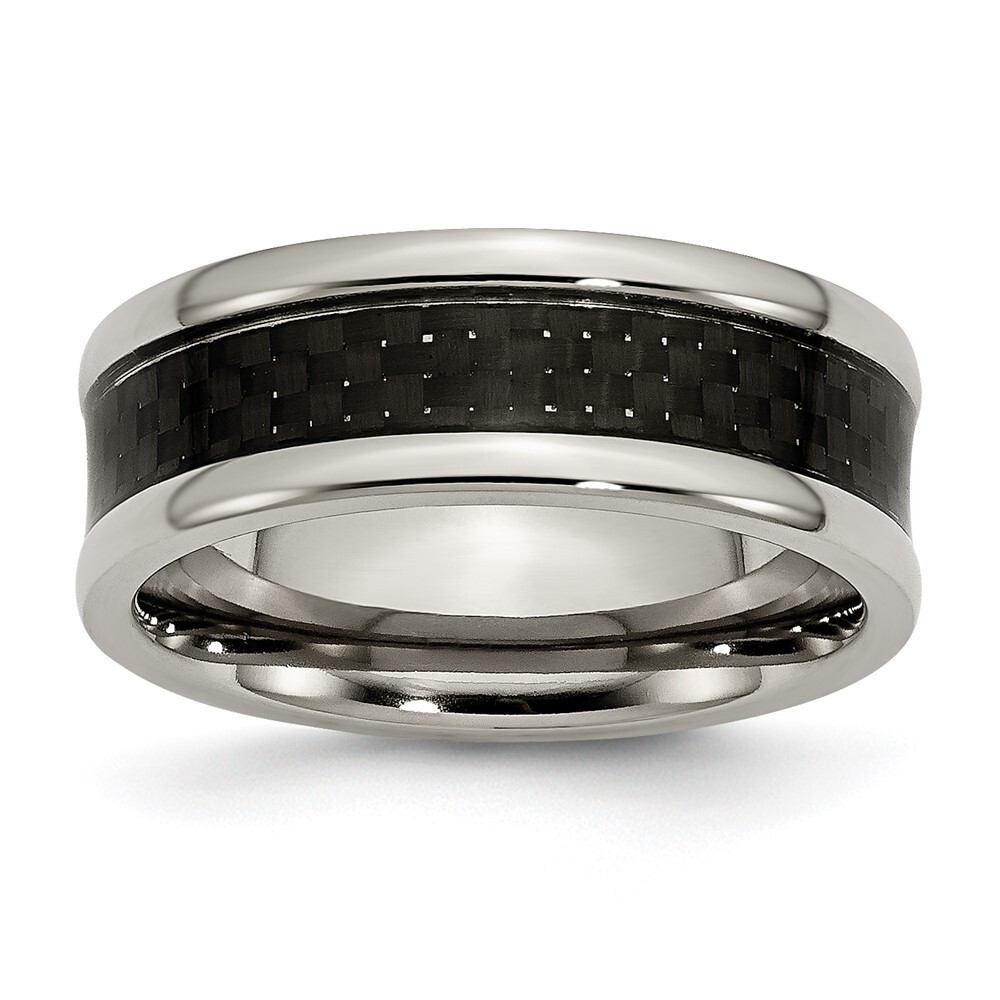 Titanium Polished with Black Carbon Fiber Inlay 8mm Band Ring Size 9