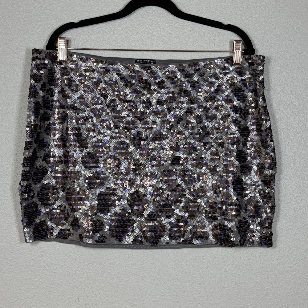 Express Shimmer Animal Print Sequin Mini Skirt Lined Going Out Party Large Zip