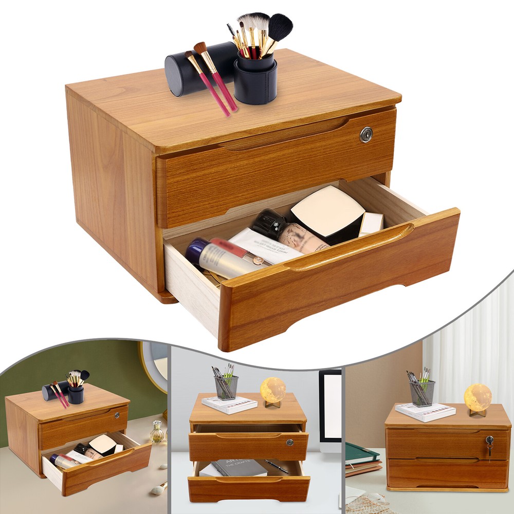 2 Tiers Wooden Desktop Storage Box with Lockable Drawers Desk Organizer Modern