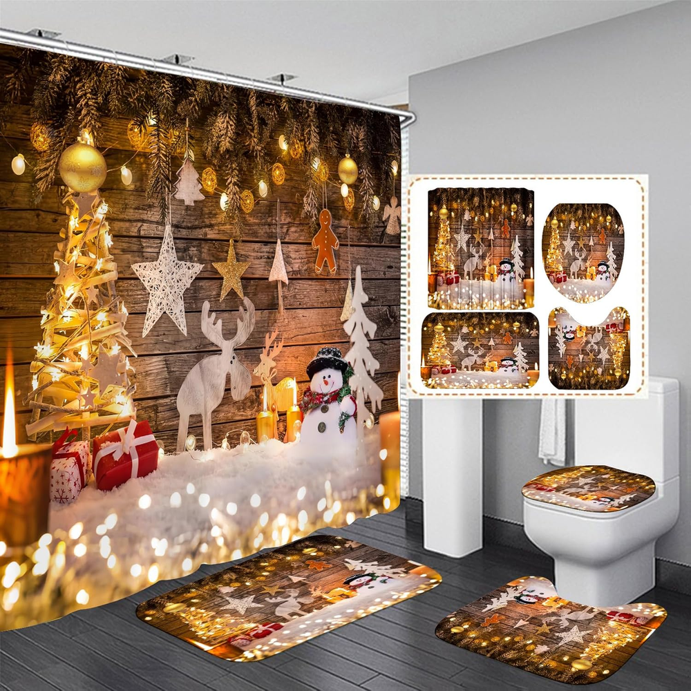 Christmas Shower Curtain Set - 4-Piece Holiday Bathroom Decor with Rugs & Hooks