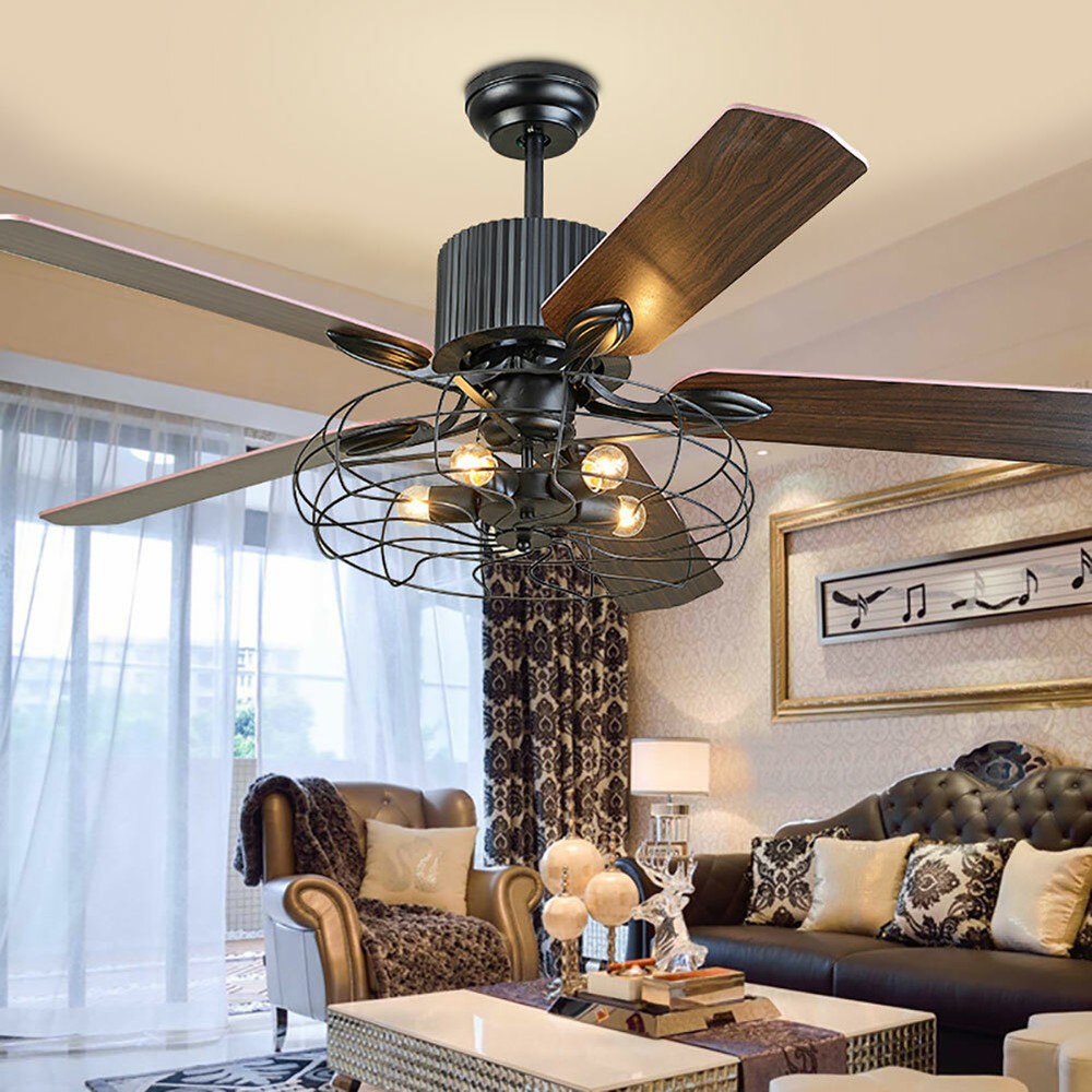 52'' Farmhouse Ceiling Fan Lamp Industrial Rustic Metal Cage Pendant Fan Remote!