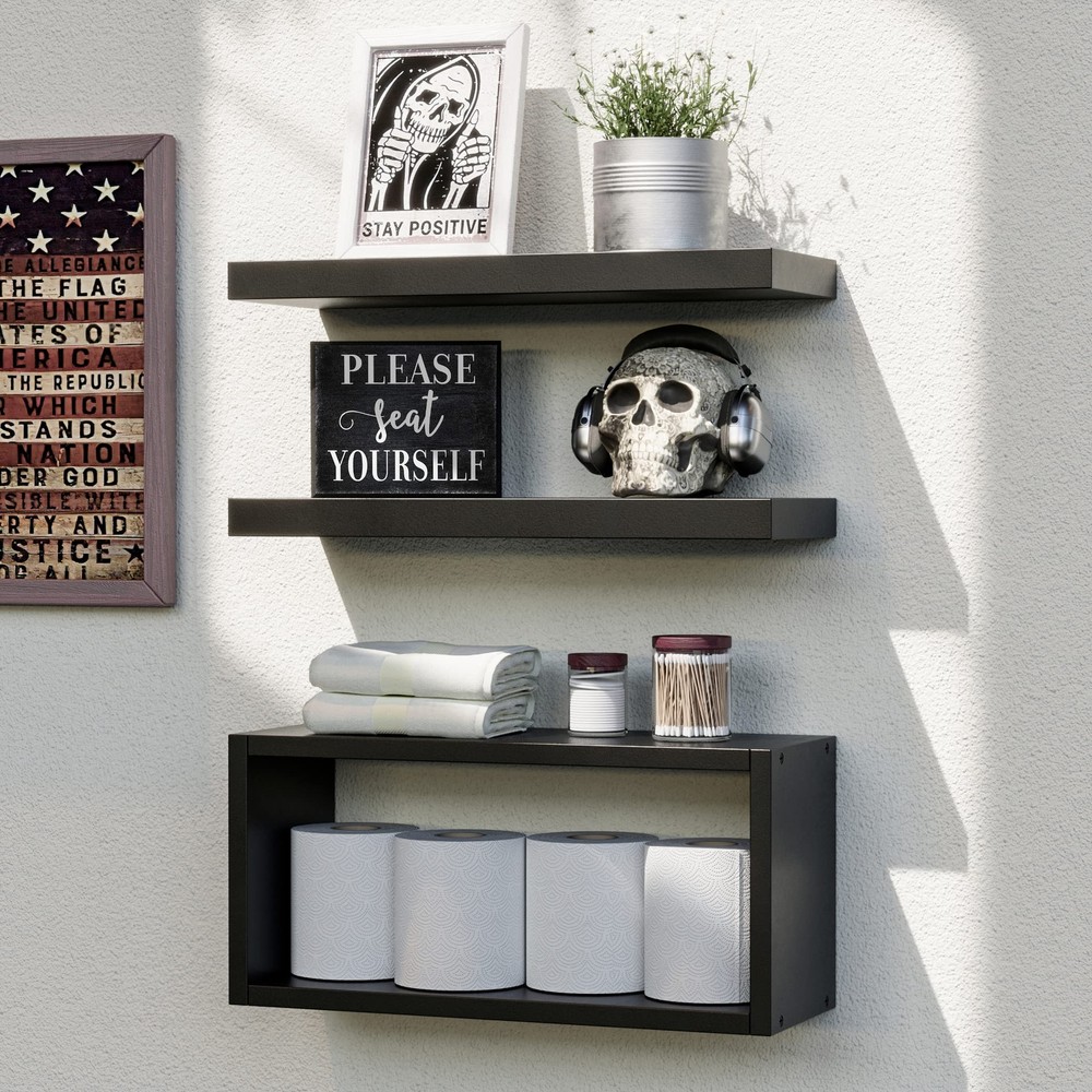 RICHER HOUSE Black Floating Shelves Set of 3 for Modern Bathroom Wall Storage