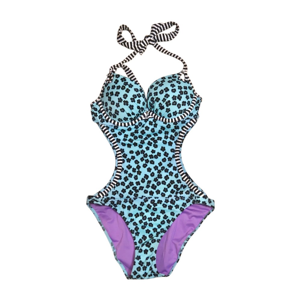 VTG 12 Victoria's Secret VS One Piece Monokini Teal Leopard Padded Pushup  S 34B