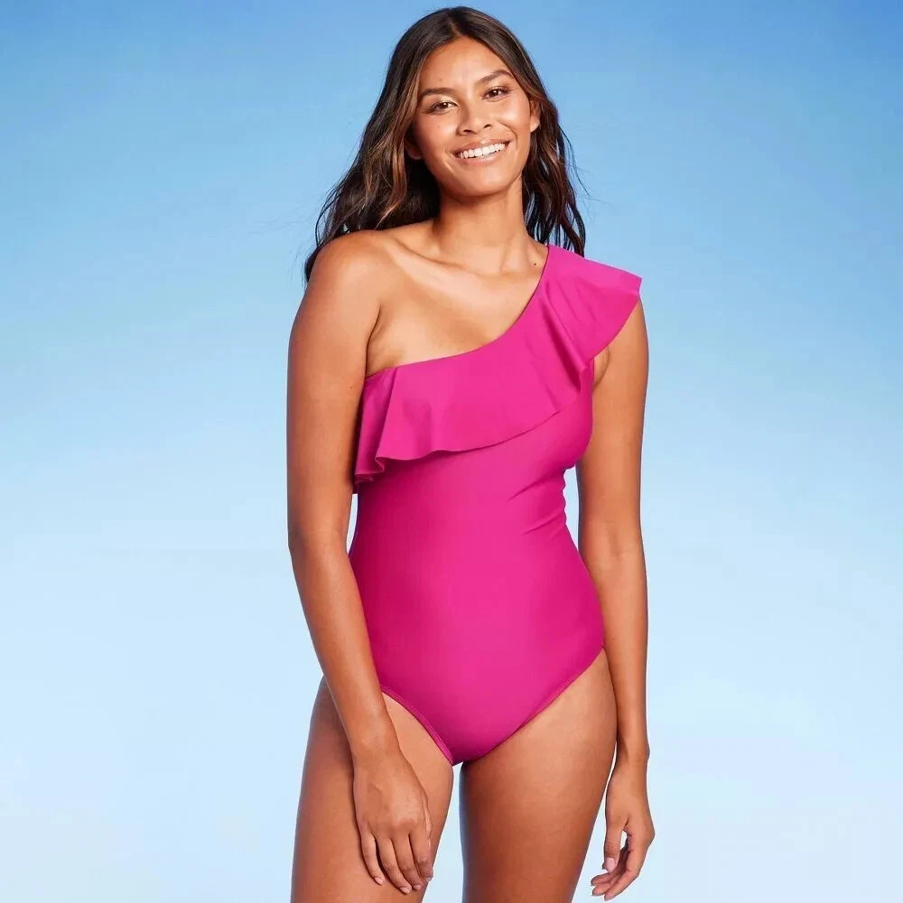 Women's Ruffle One Shoulder Full Coverage Swimsuit - Kona Sol - Pink - L (12-14)