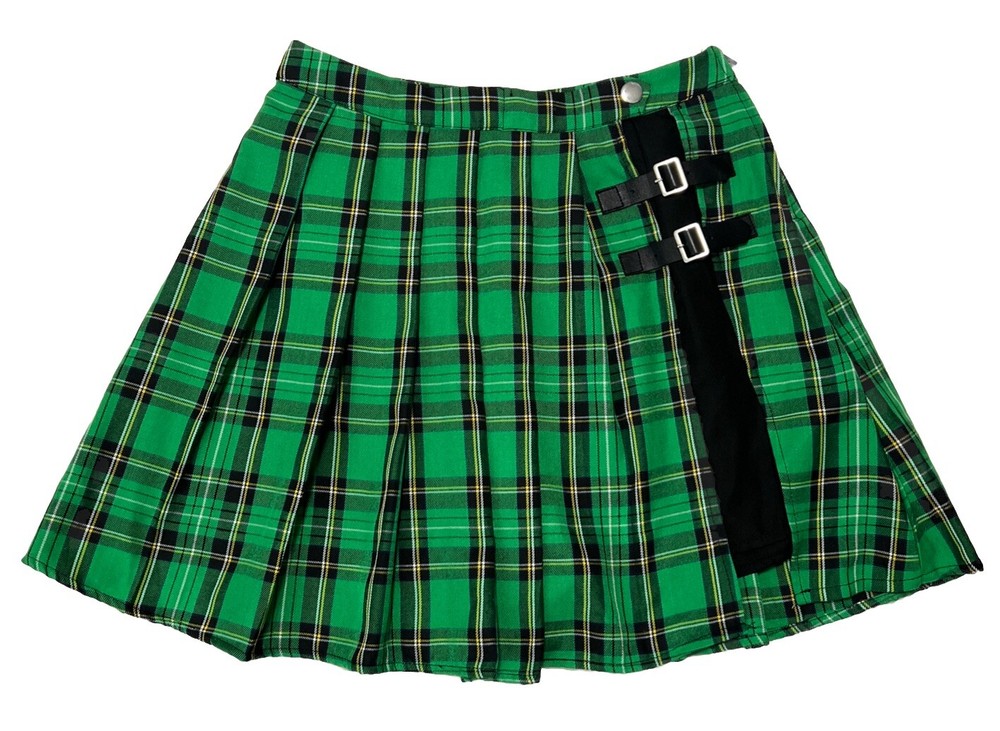 Y2K Green Plaid Skort with Buckles - Academia Style School Shorts Skirt Size S-image