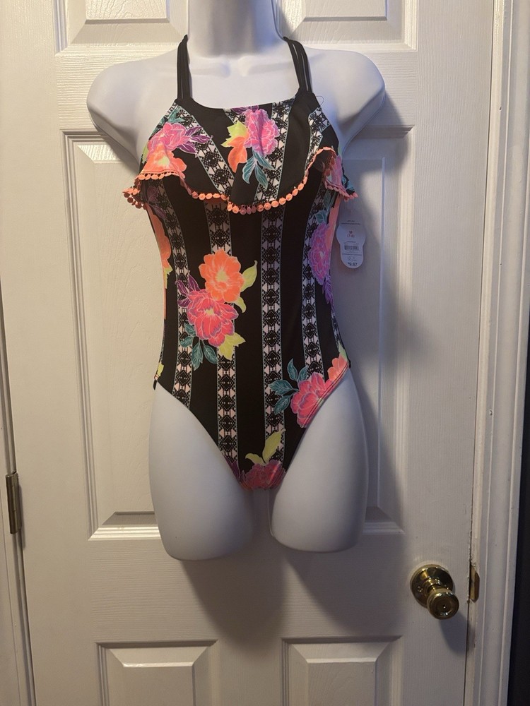 Cupshe Women's Black Floral Ruffle One Piece Swimsuit M Pom Pom Trim