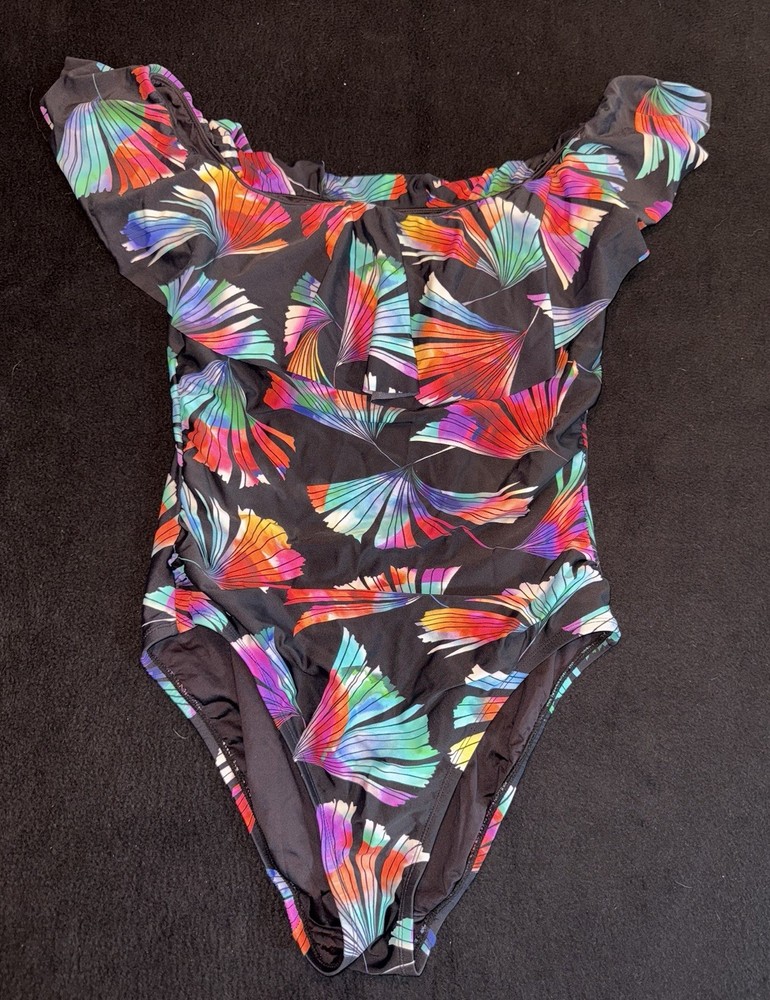 La Blanca Black Tropical Ruffled Off Shoulder One Piece Swimsuit Sz 10