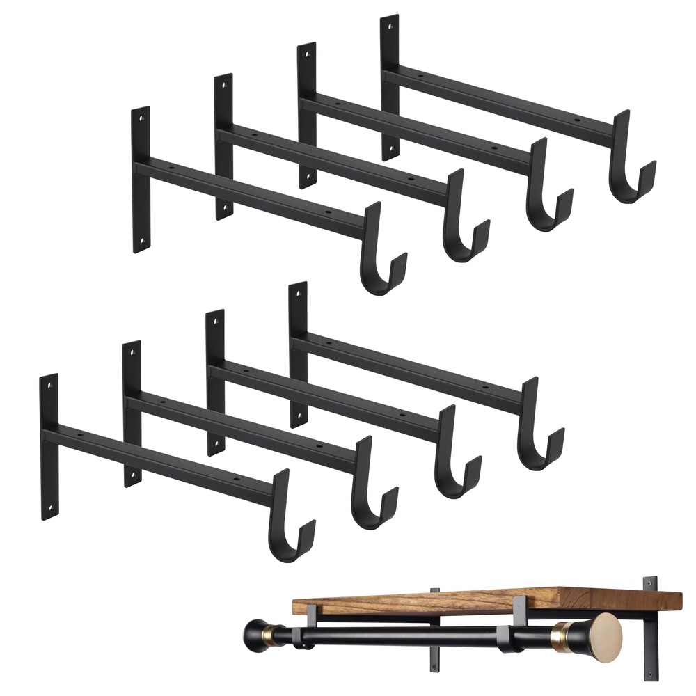 8 Pack 12 Inch Black Shelf Brackets with Rod Holder for Closet Storage