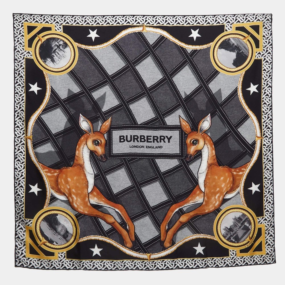 Burberry Black Deer Print Silk Square Scarf