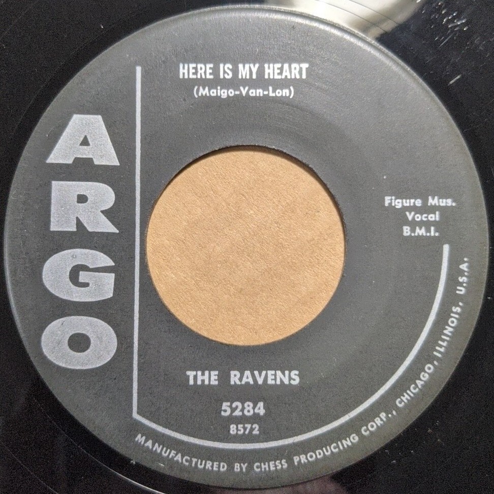 the Ravens  RARE VG+  Vinyl  ARGO 45  NOT styrene   HERE IS MY HEART / LAZY MULE