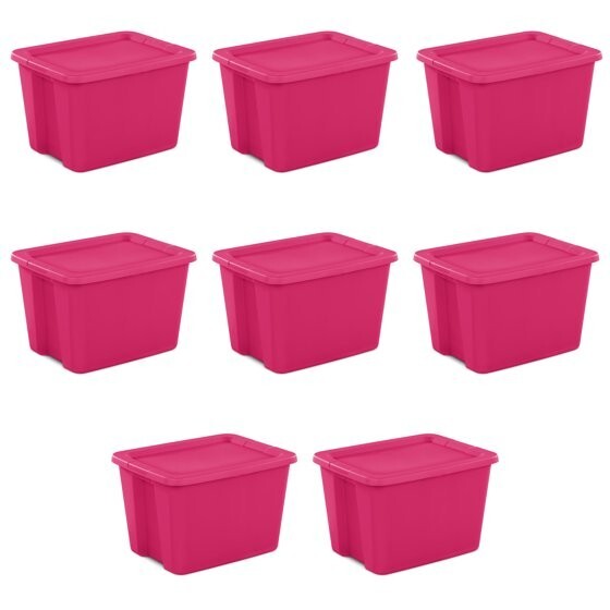 18 Gallon Clear Pink Plastic Storage Bins with Snap-On Lids, 8-Pack