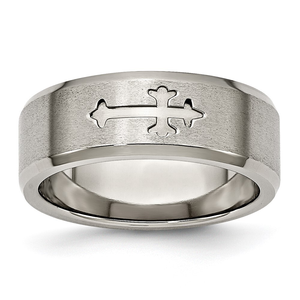 Titanium Brushed Center Cross Design 8mm Beveled Edge Band Ring Size 11