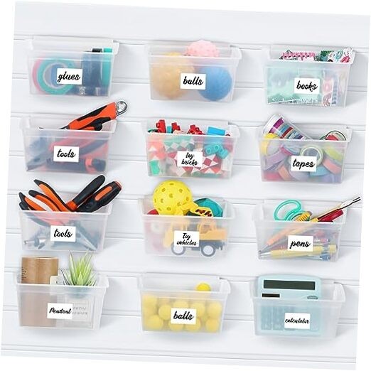 12-Pack Clear PVC Slatwall Storage Bins with Stickers and Pen Holders