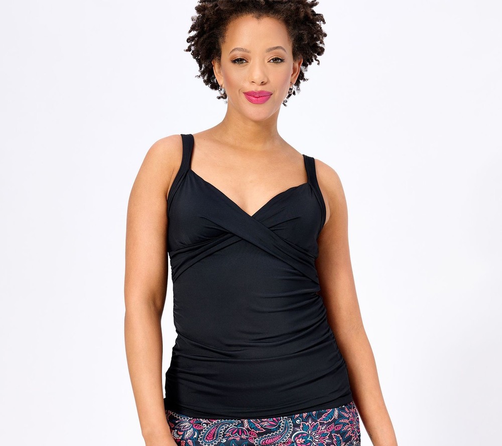 Lands' End Women's Swimsuit Sz 8 Wrap Front Tankini Top Black A572787