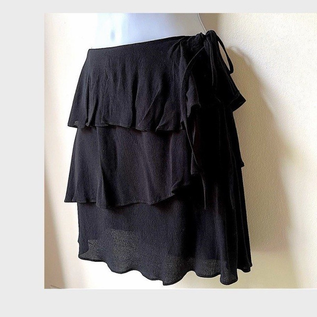 Women’s Black Solid Short Flare Skirt Size S Regular Layered Ruffle Tie