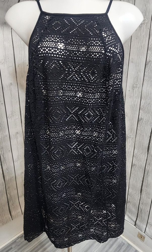 Torrid 1 Black Crochet Lace Halter Swim Cover Up Tunic Dress Plus Size