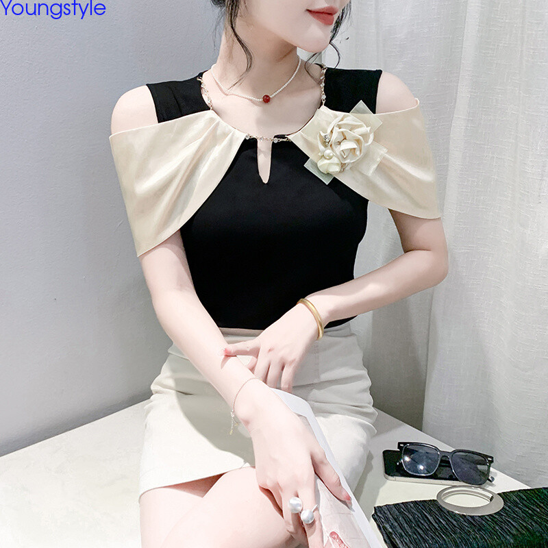 Western Korean Women Cold Shoulder Chain Slim Party Cocktail Tops Blouse T-shirt-image