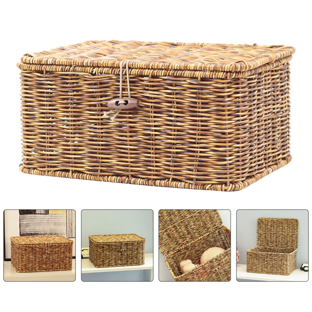 Decorative Woven Storage Basket with Lid for Desktop Organization