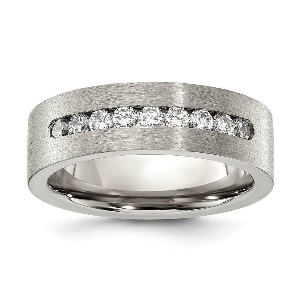 Titanium Brushed with Cubic Zirconia Flat 7mm Band Ring Size 12 for Men 4.94gm