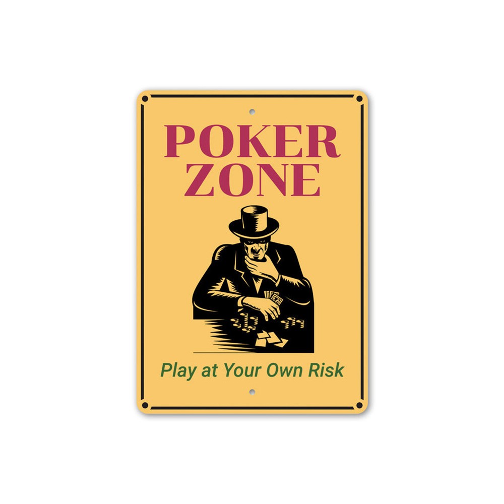 Poker Zone, Play at Your Own Risk, Playing Cards, Gaming Room Metal Sign