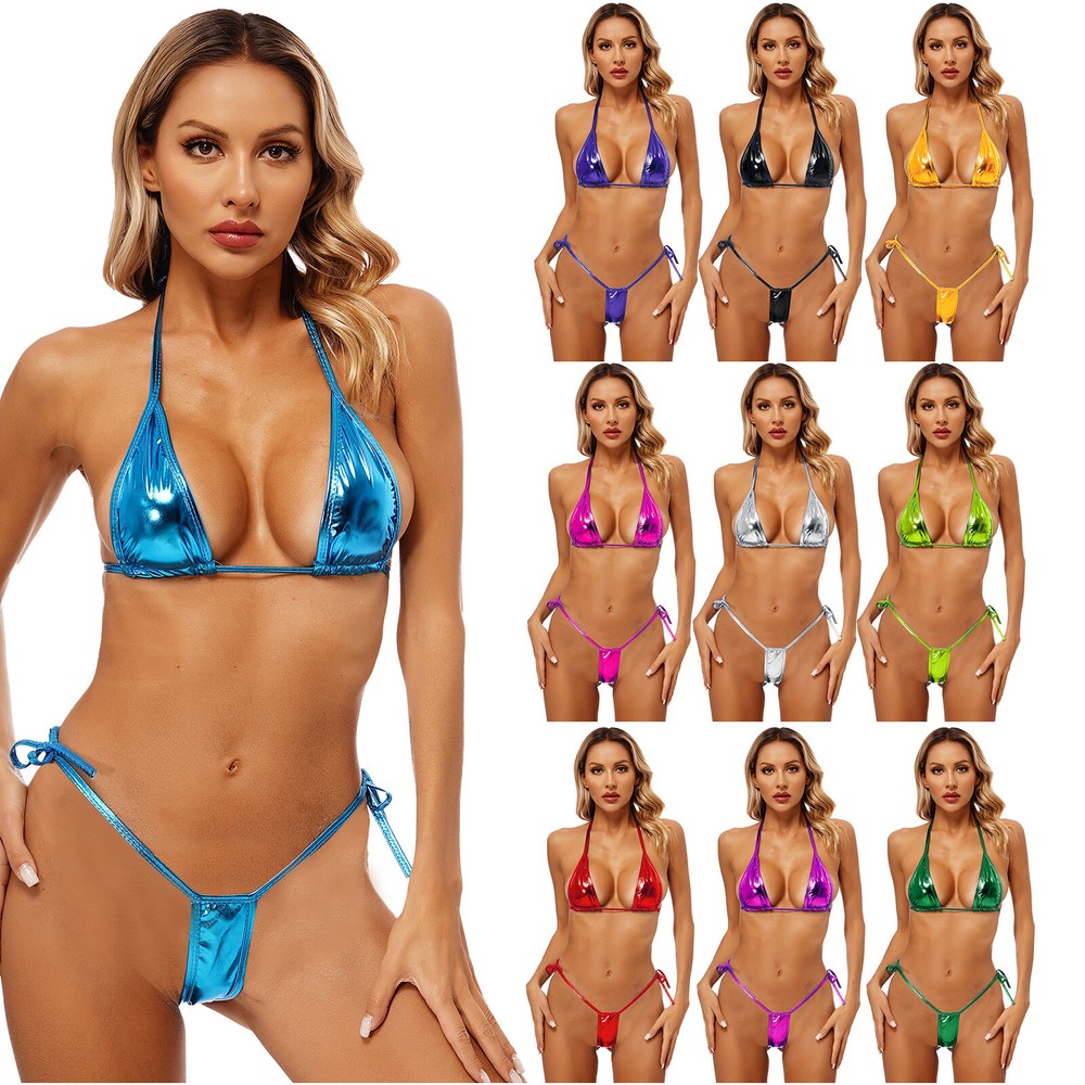 Women Lingerie Non-Padded Set Hollow Out Bra Nightclub Thong Shiny Bralette Cup