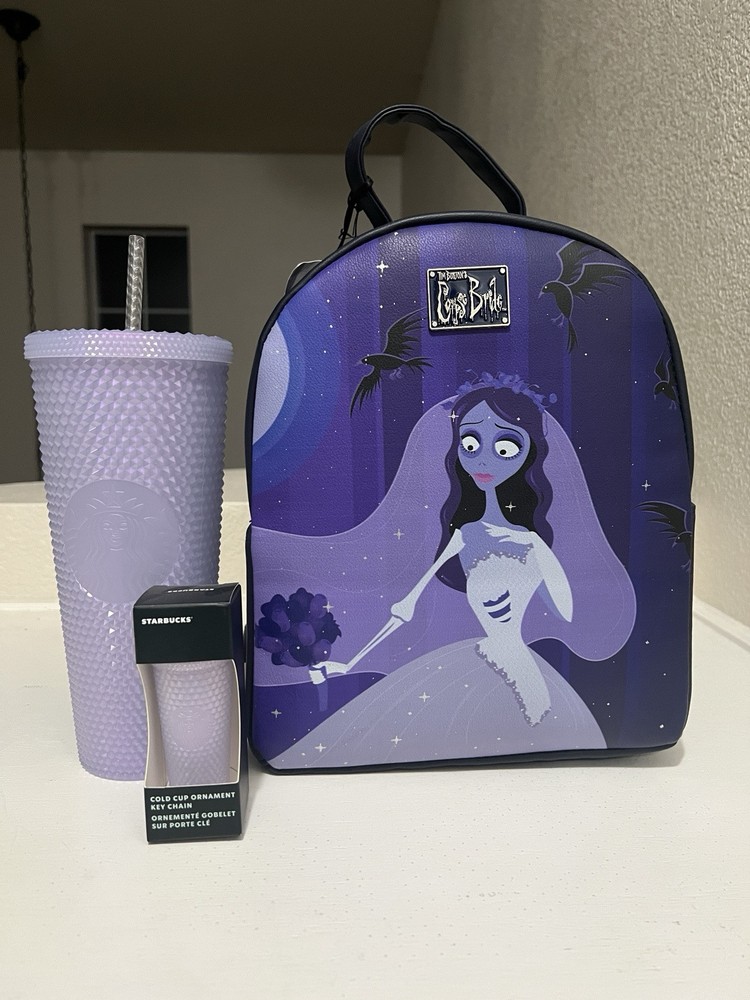 Corpse Bride mini backpack with studded Starbucks cup and keychain-image