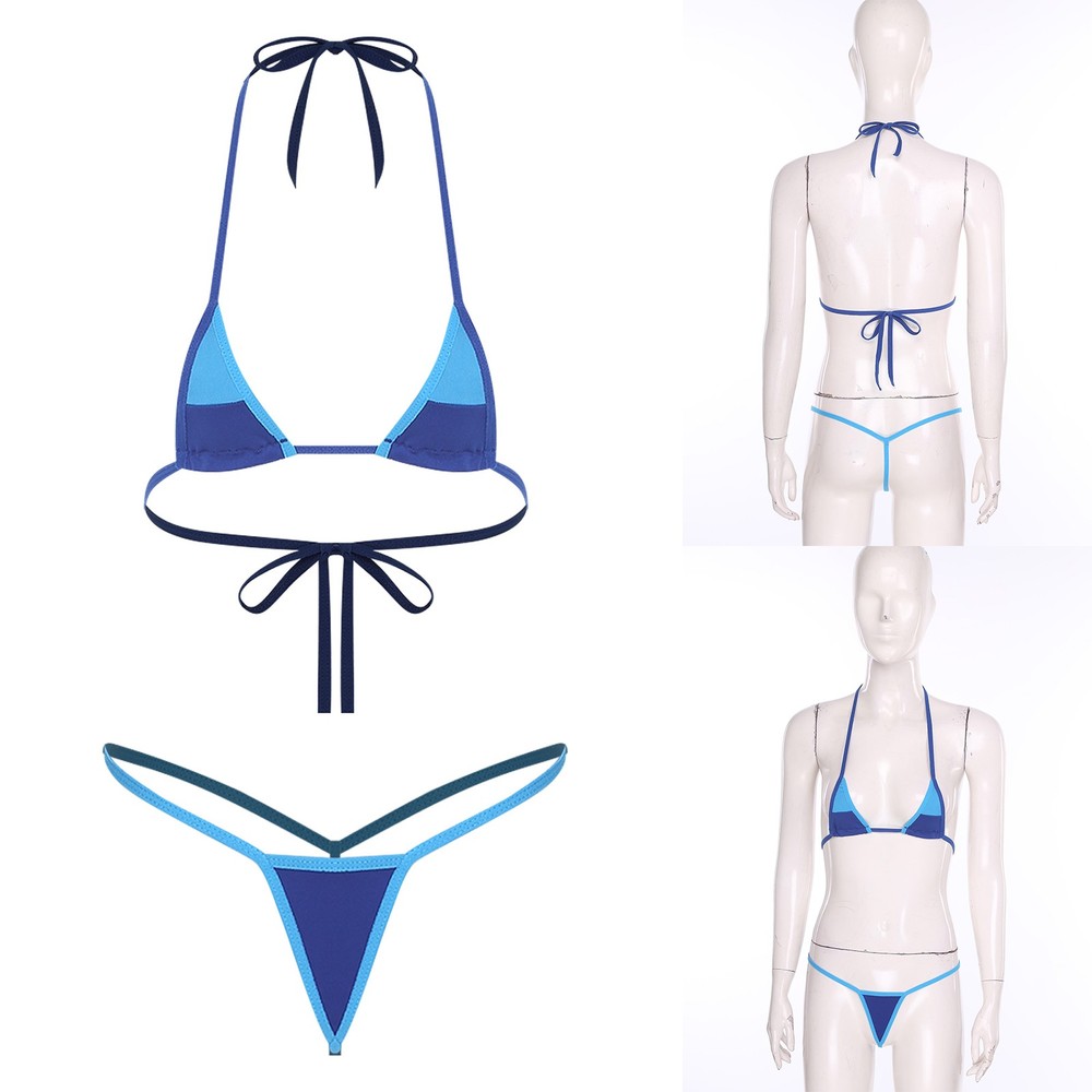 Womens Micro Bikini Set Lace-up Halter Neck Bra With Thongs 2 Piece Swimwear
