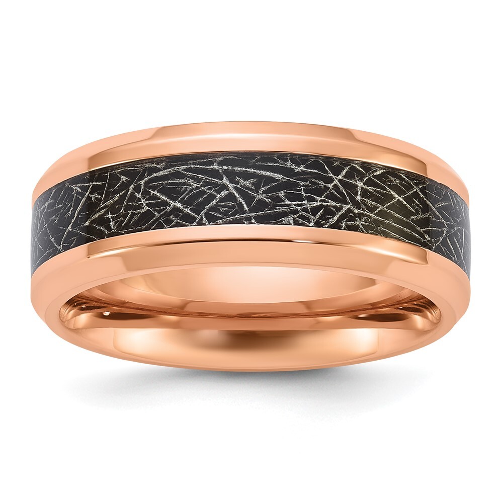 Titanium Rose IP-plated Leather Inlay in Clear Epoxy 8mm Band Ring Size 10