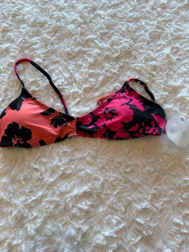 New Perfect Vacation Bikini Top Orange Black Hot Pink Floral Adjustable Size XS