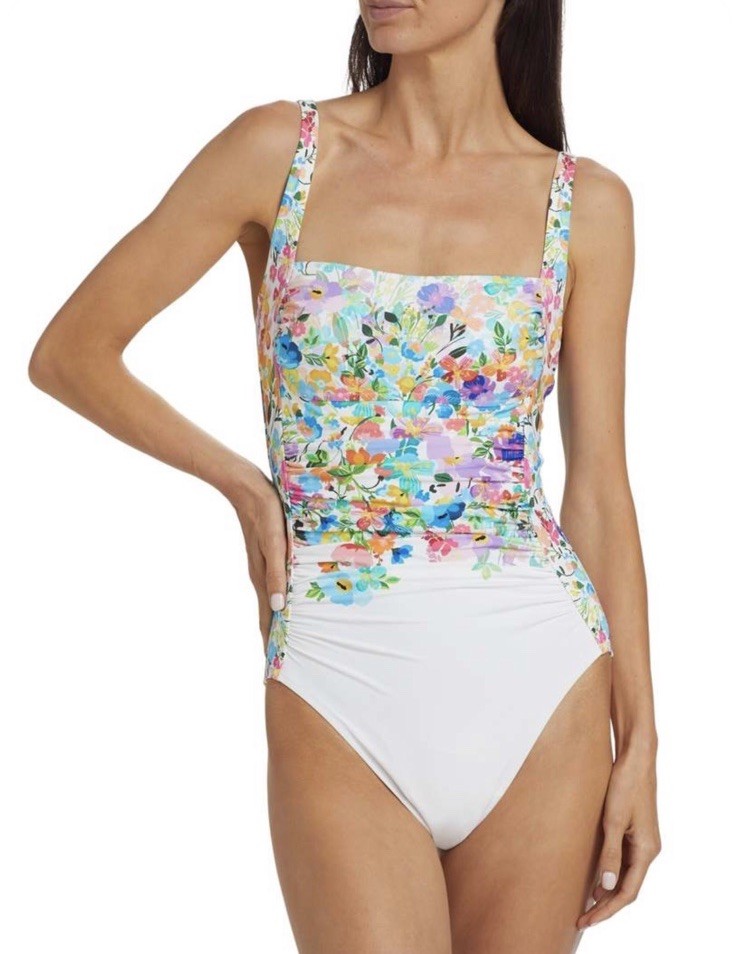 Johnny Was Wild Bloom Ruched One Piece Swimsuit White Size Small NWT