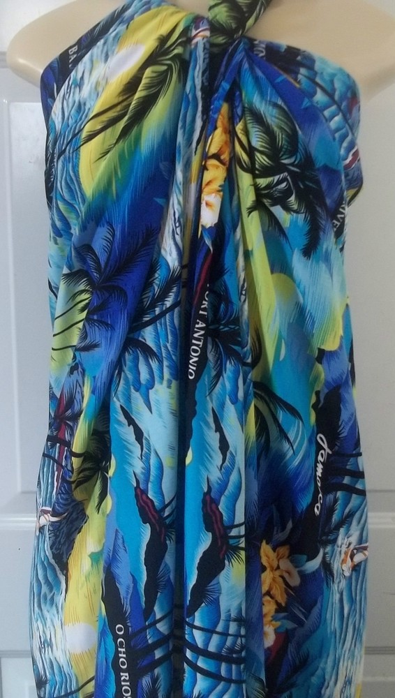 Turquoise Light Blue Jamaica Print Fabric Beach Sarong Wrap Pareo