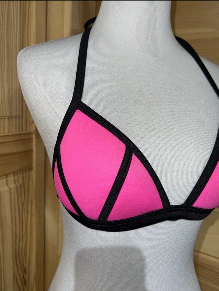 PINK Victoria’s Secret Hot Neon Pink & Black Padded Triangle Bikini Swim Top S