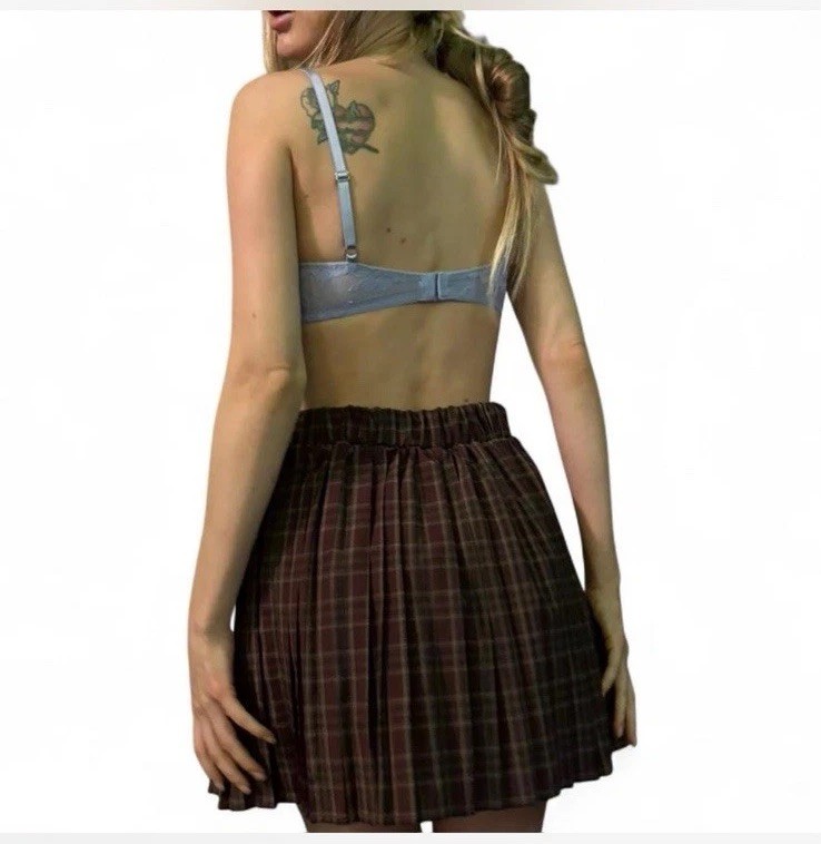 Retro vintage dark academia preppy schoolgirl brown plaid pleated mini skirt xs