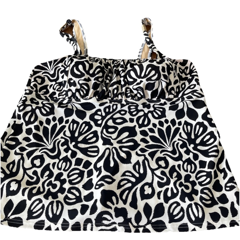 Lands End Women's Black Cream Halter Tankini Swim Top 16 Floral