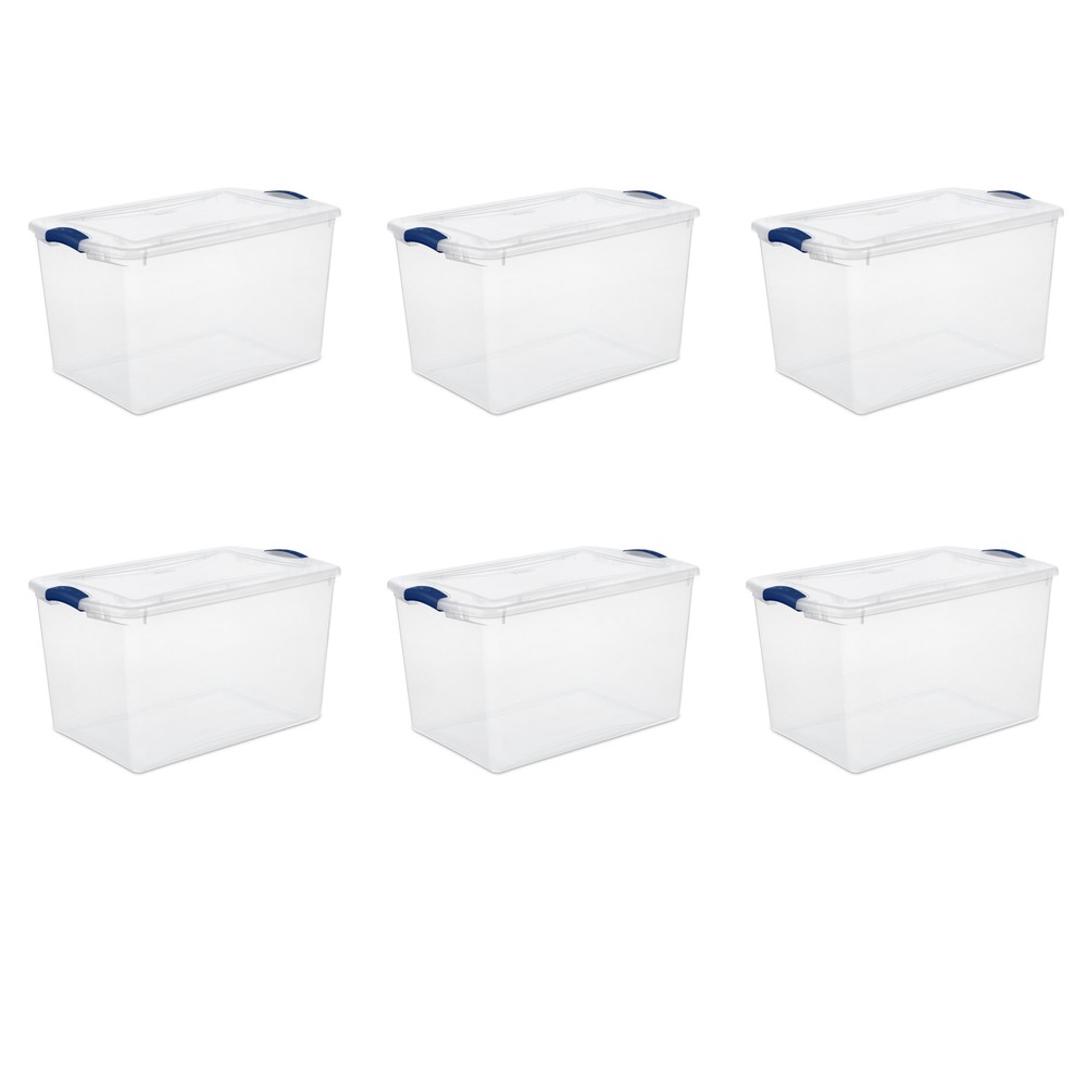 66 Quart Clear Plastic Storage Bins with Latching Lids Blue 6-Pack