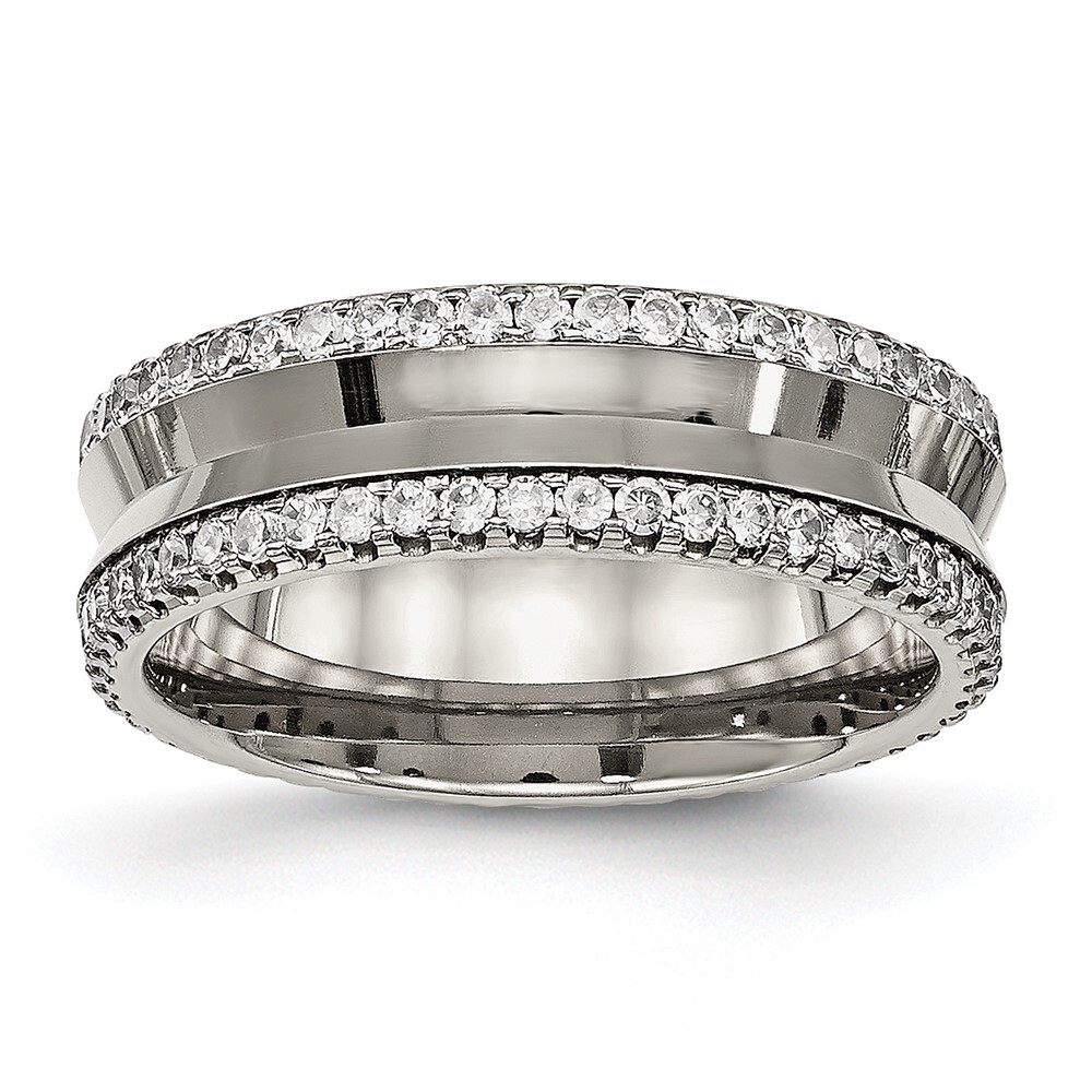 Titanium Polished Cubic Zirconia 6.5mm Concave Band Ring Size 6 for Men 3.25gm