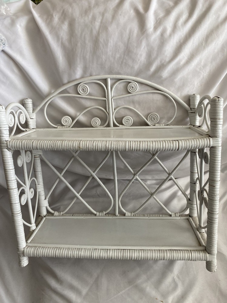 Vintage Wicker Shelf With 2 Tiers Wall Mount Free Stand Strong White Shabby Boho