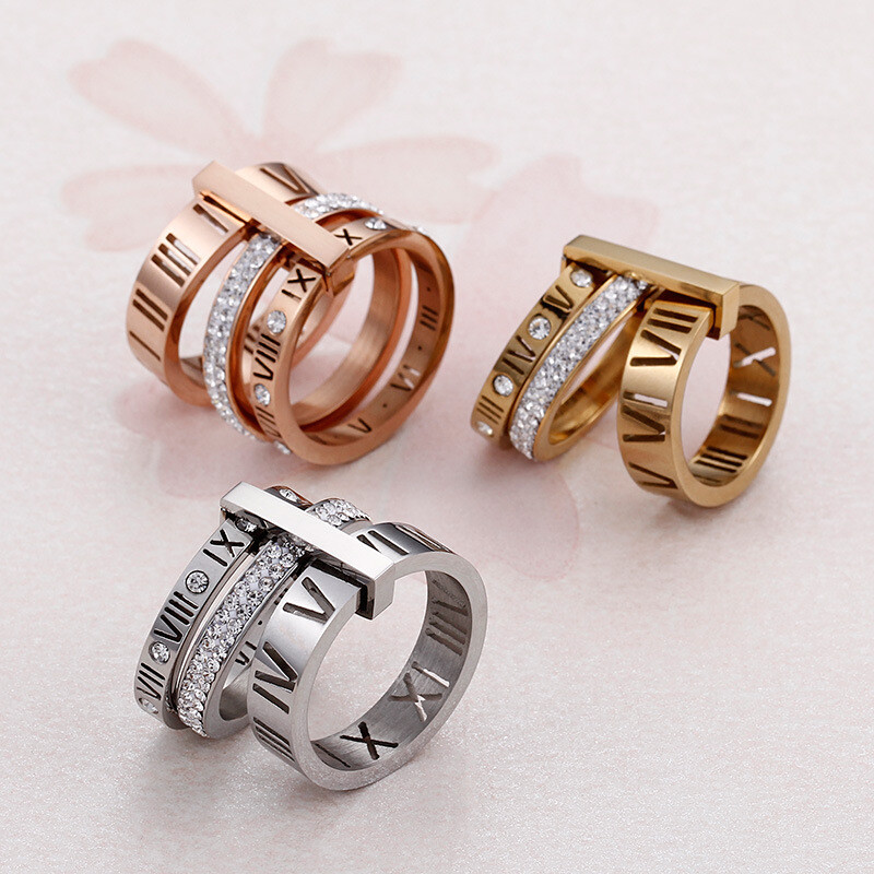 European titanium steel ring with diamond Roman numerals stainless steel ring