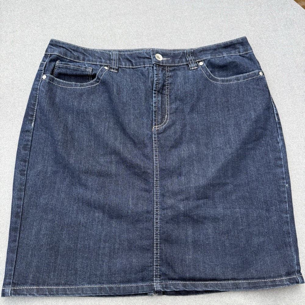 Nine West Jeans Blue Denim Pencil Knee Length Skirt Size 14 Pockets Button Mid