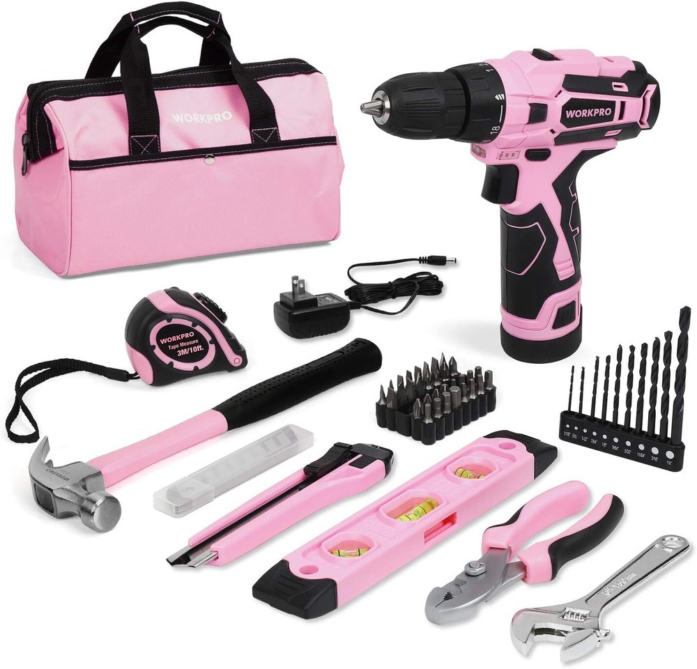 12V Pink Cordless Drill Driver and Home Tool Kit  Hand Tool Set for DIY  Ho...