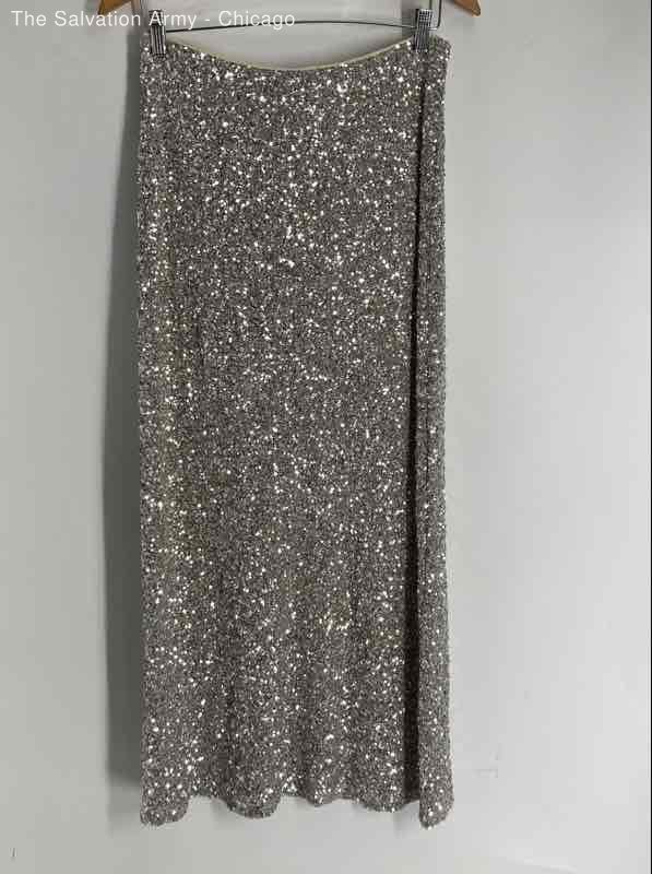 Anthropologie Womens Silver Sequin Elastic Waist Long Maxi Skirt Size Medium
