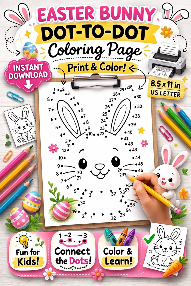 Easter Bunny Dot-to-Dot Coloring Page Printable | Kids Connect the Dots ActivityInstant Download