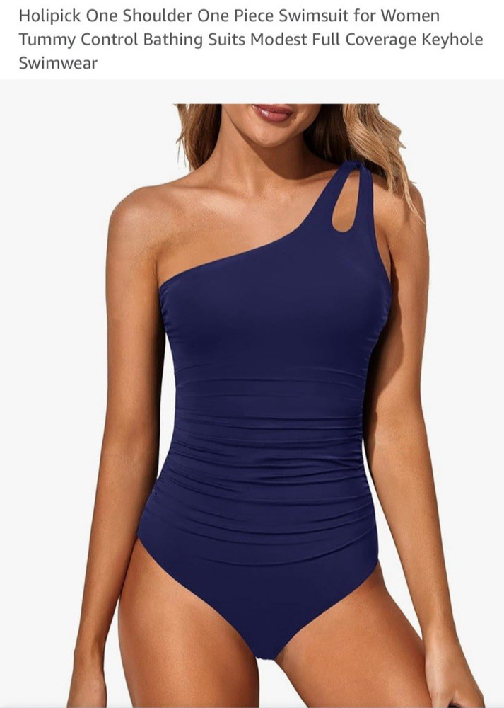HOLIPICK Women's One Shoulder One-Piece Tummy Control Swimsuit Blue Size L New