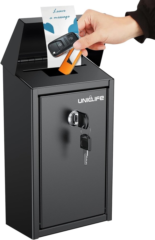 Uniclife Black Metal Wall Mounted Donation Box with Key Lock Mailbox