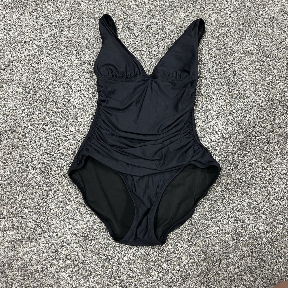 J Crew Scrunchie Strap Swimsuit Black Plunge One Piece Women Size 2 Slimming