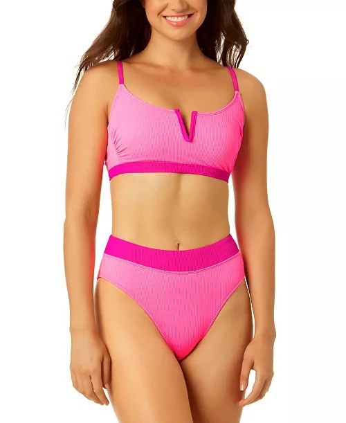 Salt+Cove Women's Juniors' Ribbed Bralette 2 Piece Bikini Swimsuit Size XS Pink