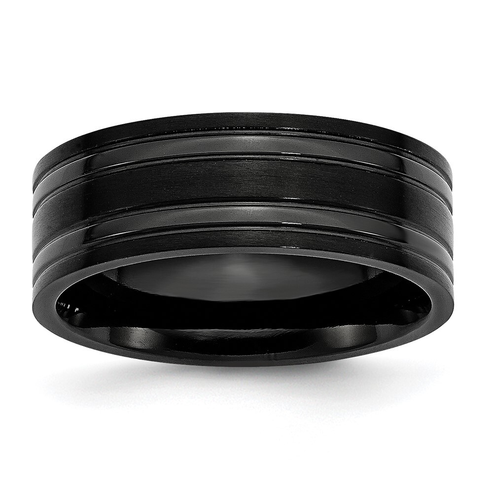 Titanium Brushed and Polished Black IP-plated 8mm Grooved Band Ring Size 11
