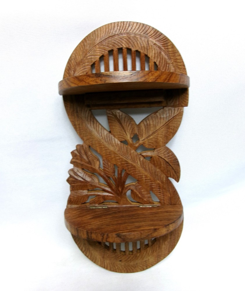 Beautiful Hand Carved Wooden Vintage Fold-Out Hanging Trinket Wall Shelf Unit