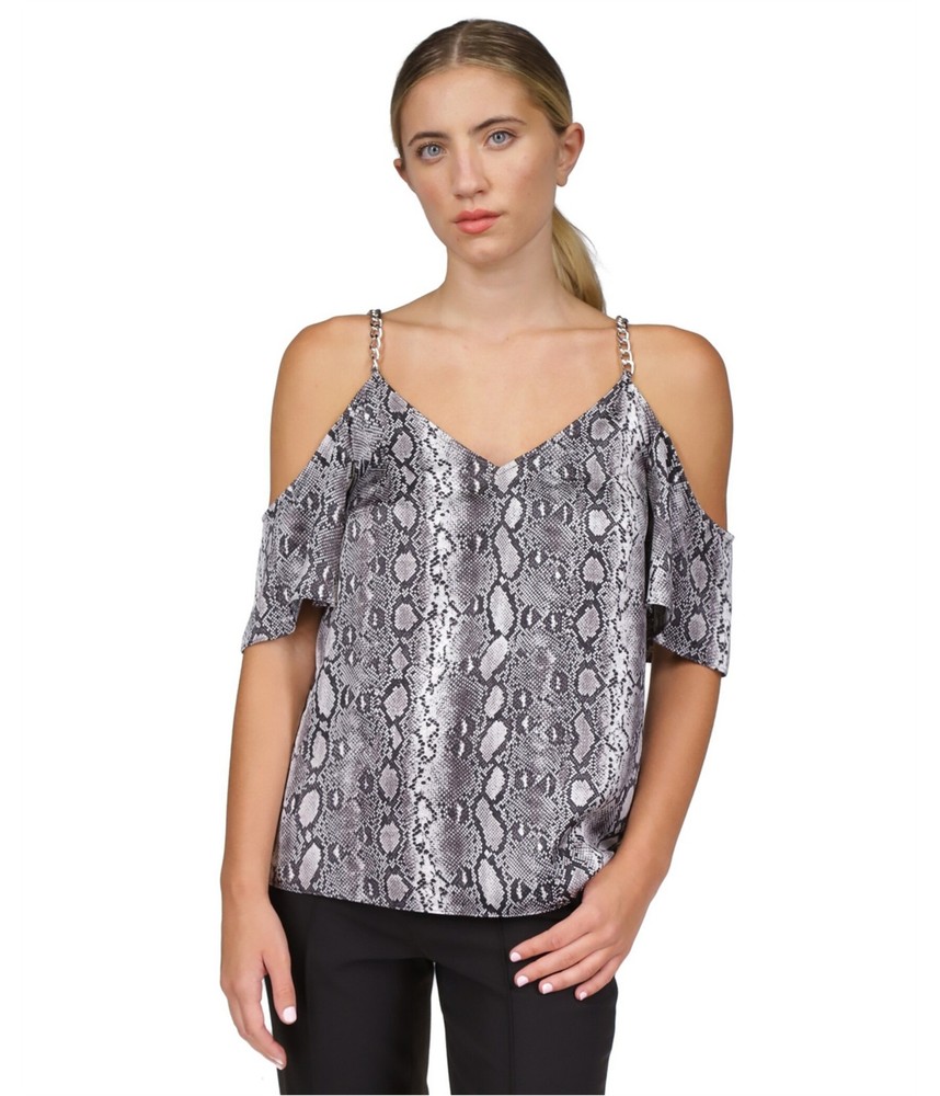 Michael Kors Womens Chain Straps Cold Shoulder Blouse, White, Small-image