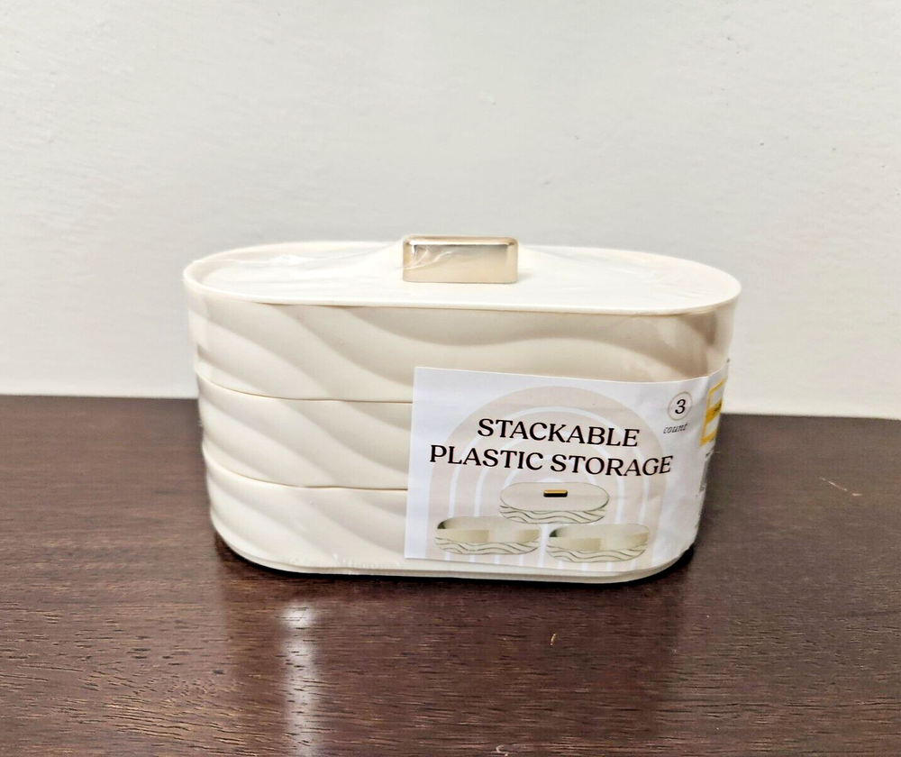 Cream Stackable Plastic Tiered Layered Storage Oval with Lid